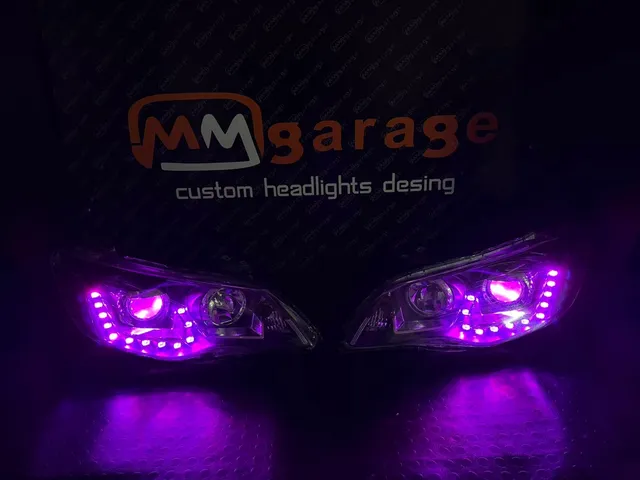 MM Garage atölyesinde mor LED aydınlatmalı özel far ünitesi